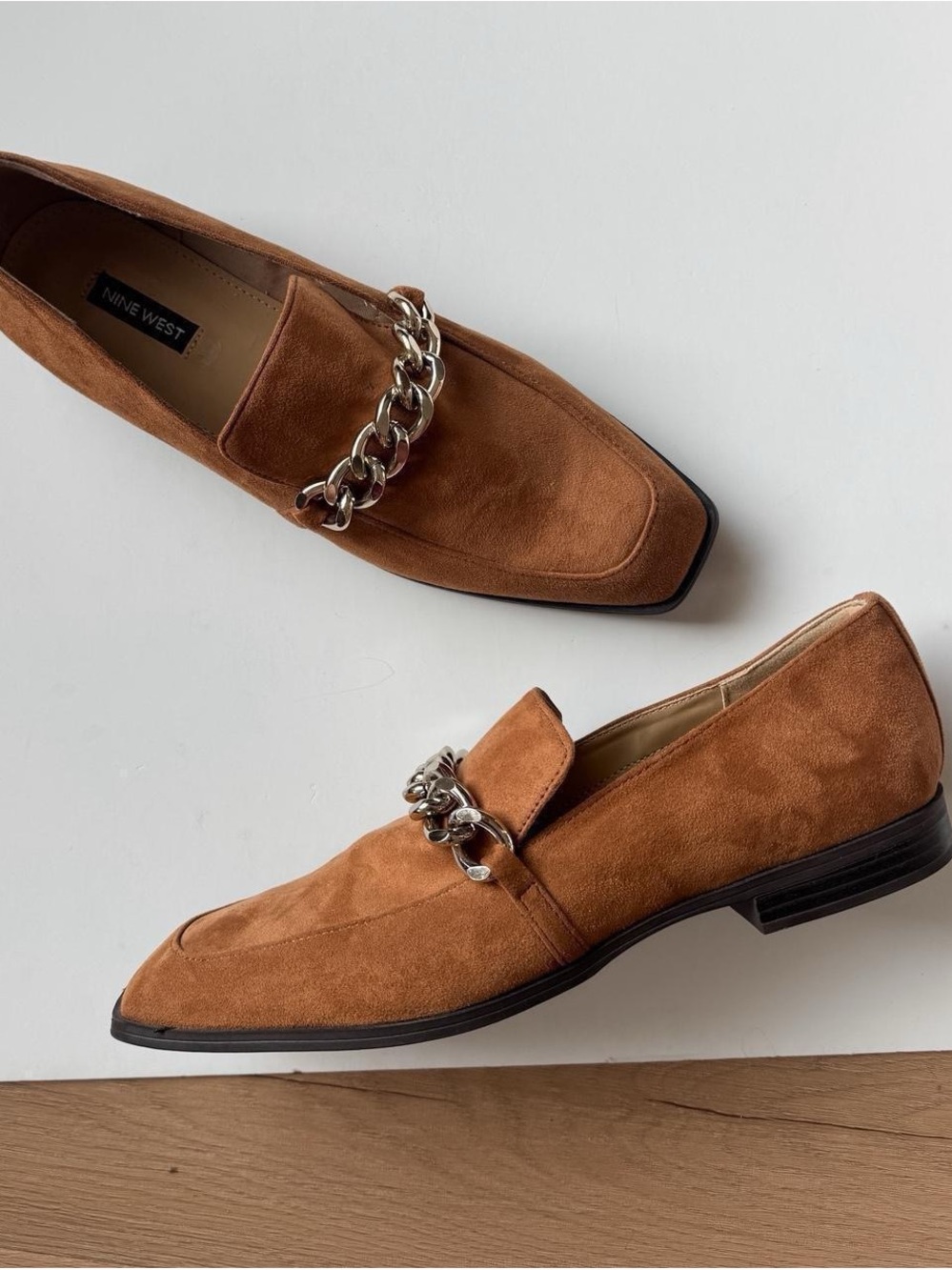 Nine West Brown Loafers 9.5 Square Toe Chain Preppy Minimalist - Picture 5 of 8